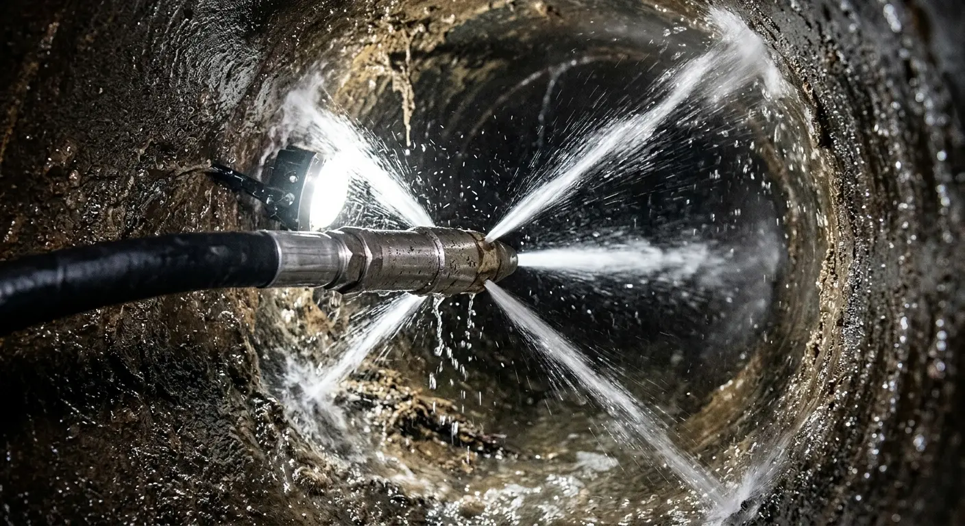 High-pressure hydro jetting nozzle cleaning sewer pipe for Sewer Line Relining in Kiryas Joel